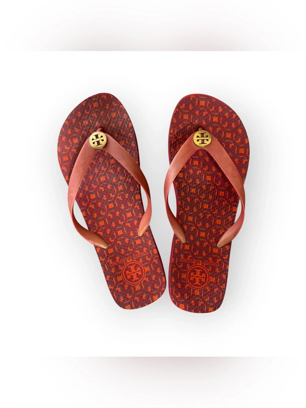 Tory Burch Logo Lattice Red Printed Flip Flops with Logo Medallion